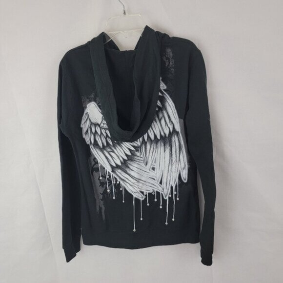 METAL MULISHA Womens Hoodie Sz SMALL Full Zip BLACK Skull Wings Goth Rhinestone - Picture 3 of 13